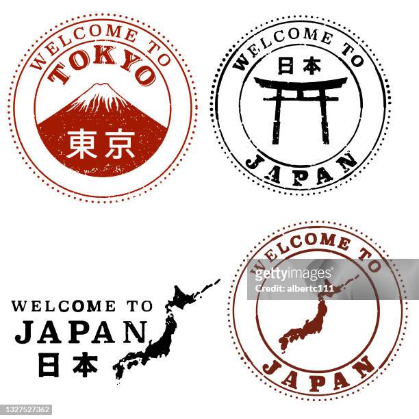 willkommen in japan und tokyo willkommensstempel - passport stamp stock-grafiken, -clipart, -cartoons und -symbole