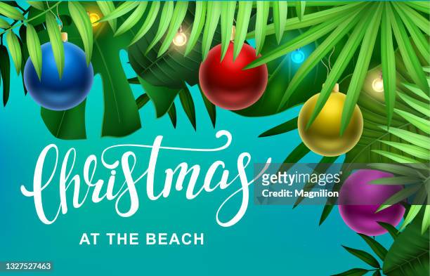 summer christmas, tropical leaves with christmas decorations and garlands - christmas palm tree stock illustrations