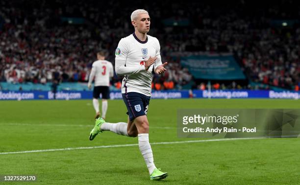 Phil Foden of England applauds the fans during the UEFA Euro 2020 Championship Semi-final match between England and Denmark at Wembley Stadium on...