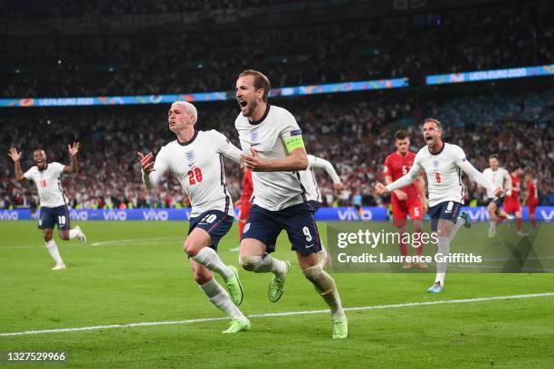 Harry Kane of England celebrates after scoring their side's second goal during the UEFA Euro 2020 Championship Semi-final match between England and...