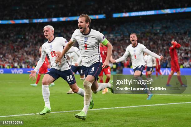 Harry Kane of England celebrates after scoring their side's second goal from the penaduring the UEFA Euro 2020 Championship Semi-final match between...