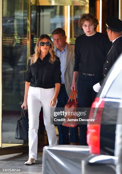 Former U.S. First Lady Melania Trump and son Barron Trump leave Trump Tower in Manhattan on July 07, 2021 in New York City.