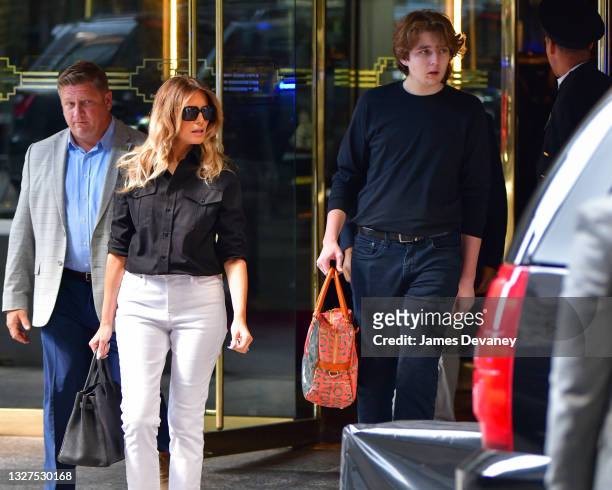 Former U.S. First Lady Melania Trump and son Barron Trump leave Trump Tower in Manhattan on July 07, 2021 in New York City.