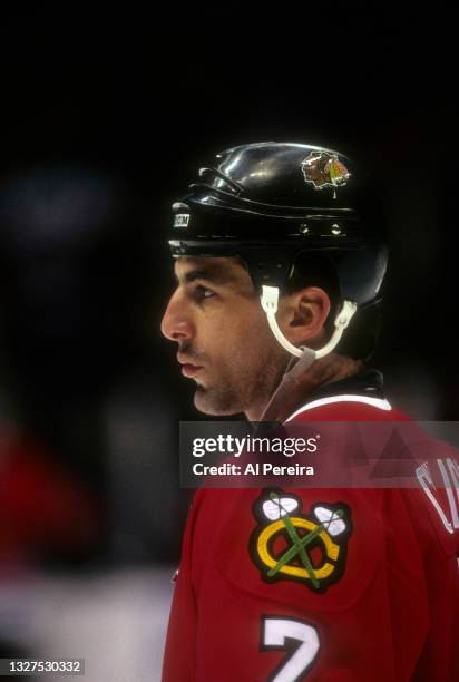 March 23: Chris Chelios of the Chicago Blackhawks follows the action in the game between the Chicago Blackhawks vs The New Jersey Devils at the...