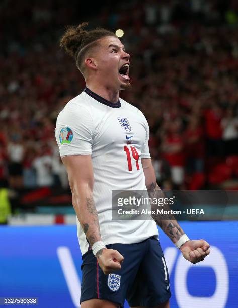 Kalvin Phillips of England celebrates after Harry Kane scored their team's second goal during the UEFA Euro 2020 Championship Semi-final match...