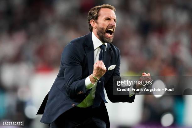 Gareth Southgate, Head Coach of England celebrates their side's victory after the UEFA Euro 2020 Championship Semi-final match between England and...