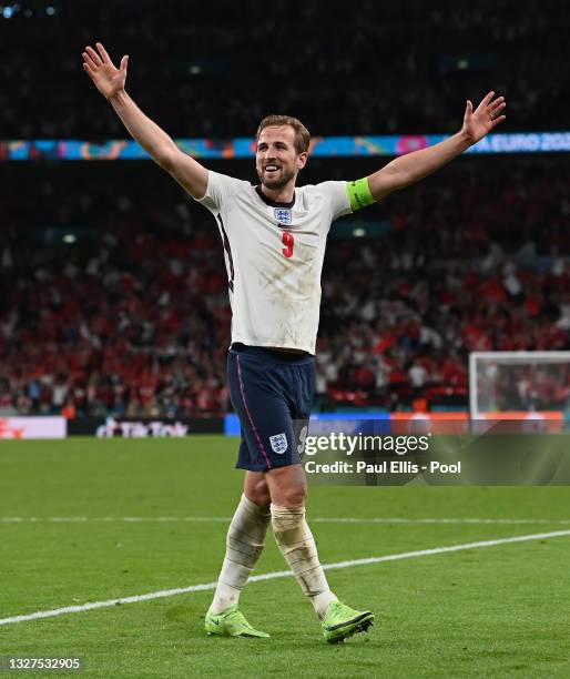 Harry Kane of England celebrates their side's victory towards the fans after the UEFA Euro 2020 Championship Semi-final match between England and...