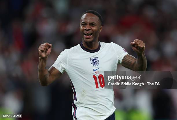 Raheem Sterling of England celebrates their side's victory towards the fans after the UEFA Euro 2020 Championship Semi-final match between England...