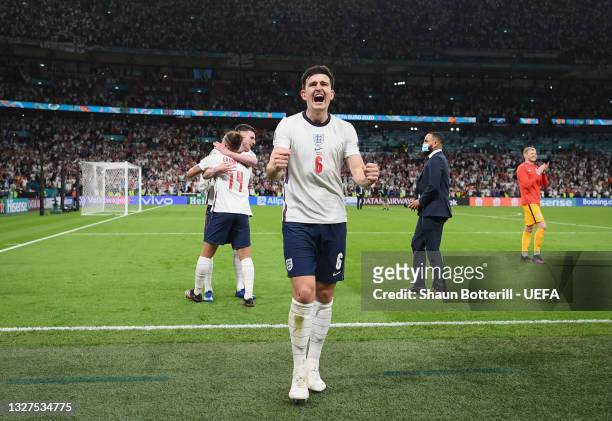 Harry Maguire of England celebrates after victory in the UEFA Euro 2020 Championship Semi-final match between England and Denmark at Wembley Stadium...