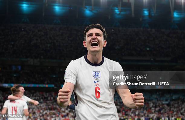 Harry Maguire of England celebrates after victory in the UEFA Euro 2020 Championship Semi-final match between England and Denmark at Wembley Stadium...