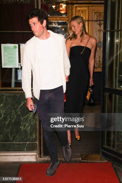 Joshua Kushner and Karlie Kloss are seen leaving a restaurant on July 07, 2021 in Paris, France.