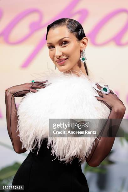 Bella Hadid attends a dinner hosted by Chopard during the 74th annual Cannes Film Festival on July 07, 2021 in Cannes, France.