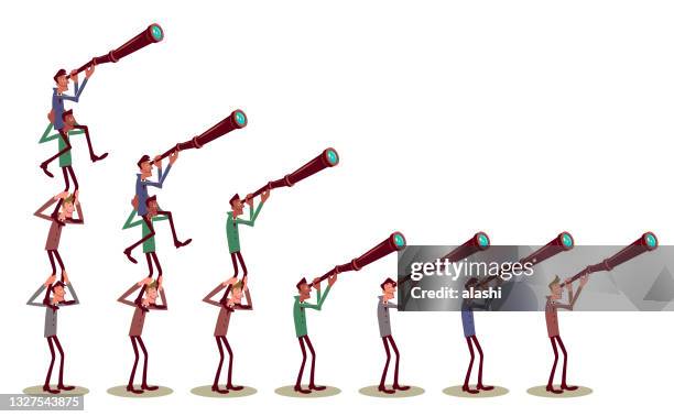 multi-ethnic group of businessmen cooperating to make a human pyramid and looking through a telescope searching for business opportunities and success - see the bigger picture stock illustrations