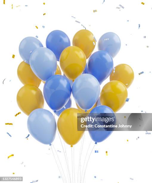 party balloon and confetti against white background - bottes couleur or photos et images de collection