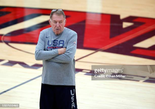 Basketball Managing Director Jerry Colangelo attends a 2021 USA Basketball Men's National Team practice at the Mendenhall Center at UNLV as the team...
