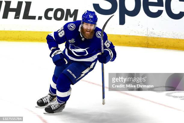 David Savard of the Tampa Bay Lightningc celebrates after assisting a goal by Ross Colton against the Montreal Canadiens during the second period in...