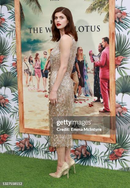 Alexandra Daddario attends the Los Angeles premiere of the new HBO Limited Series "The White Lotus" at Bel-Air Bay Club on July 07, 2021 in Pacific...