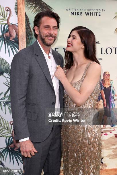 Andrew Form and Alexandra Daddario attend the Los Angeles premiere of the new HBO Limited Series "The White Lotus" at Bel-Air Bay Club on July 07,...