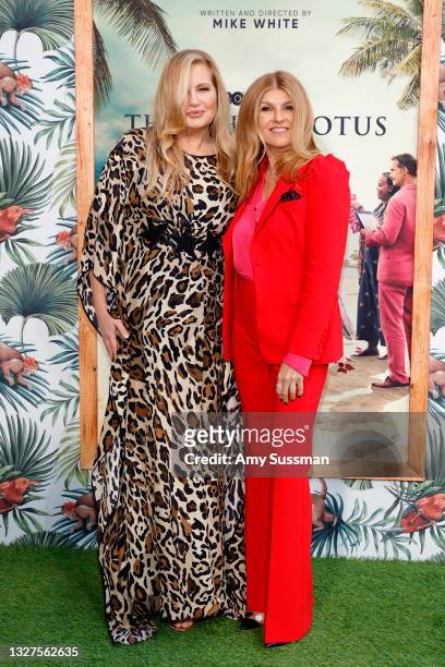 Jennifer Coolidge and Connie Britton attend the Los Angeles premiere of the new HBO Limited Series "The White Lotus" at Bel-Air Bay Club on July 07,...