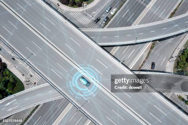 smart transportation with motorway intersection - smart communicate elevation view stockfoto's en -beelden
