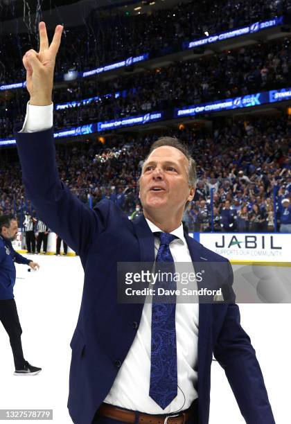 Head coach Jon Cooper of the Tampa Bay Lightning makes a hand gesture to the stands after their 1-0 victory in Game Five of the 2021 Stanley Cup...