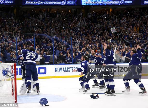 Goaltender Andrei Vasilevskiy of the Tampa Bay Lightning and teammates celebrate shortly their 1-0 victory in Game Five of the 2021 Stanley Cup Final...