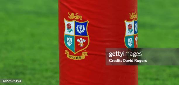 The Lions logo during the match between the Cell C Sharks and the British and Irish Lions at Emirates Airline Park on July 07, 2021 in Johannesburg,...