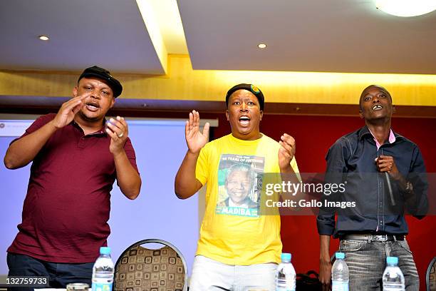 Julius Malema and other former ANCYL members during a meeting at the Lakeside Hotel on November 12, 2011 in Johannesburg, South Africa. Malema and...
