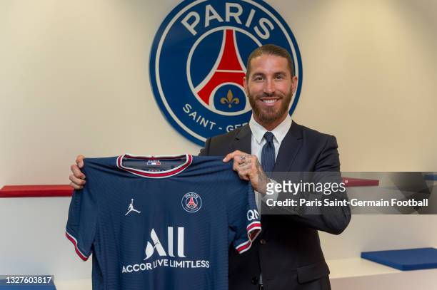 Sergio Ramos sign a 2 year contract with Paris Saint-Germain on July 08, 2021 in Boulogne-Billancourt, France.