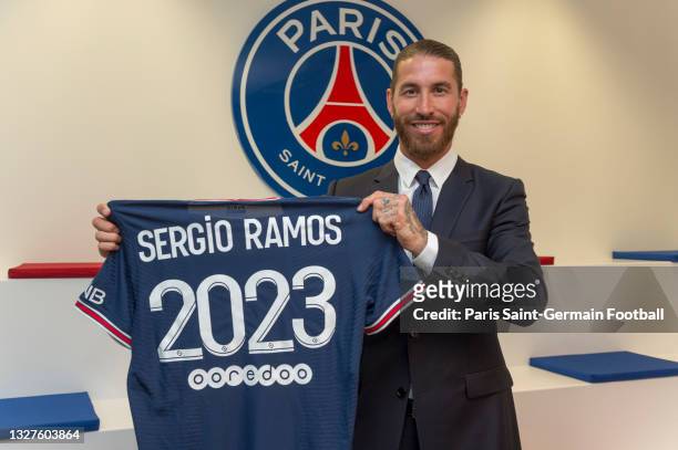 Sergio Ramos sign a 2 year contract with Paris Saint-Germain on July 08, 2021 in Boulogne-Billancourt, France.