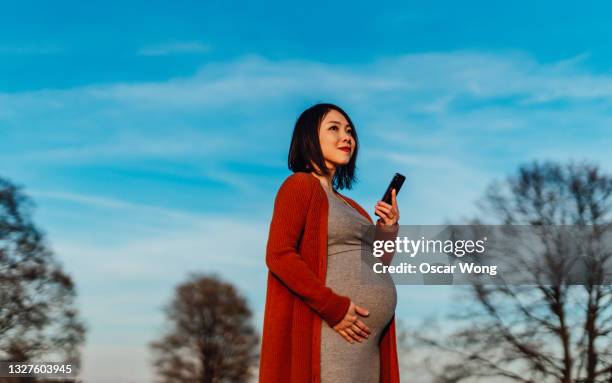 young pregnant woman using mobile phone and relaxing in park - femme enceinte jardin photos et images de collection