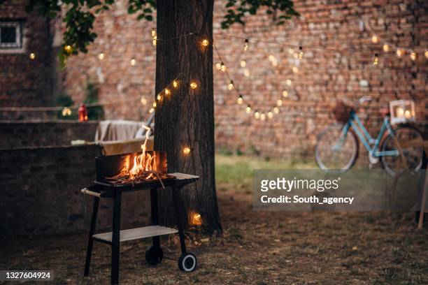 barbecue party in back yard - backyard bbq imagens e fotografias de stock