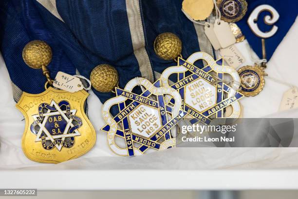 Masonic lodge medals are seen within the collection storeroom at the Jewish Museum on July 08, 2021 in London, England. The London Jewish Museum...