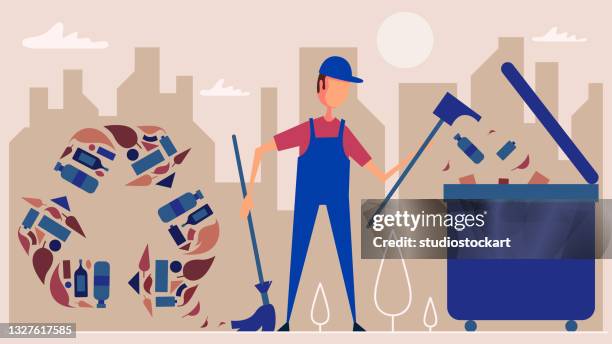 worker throwing plastic bottles into trash - nuclear waste management stock illustrations
