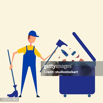 Worker throwing plastic bottles into trash Worker throwing plastic bottles into trash