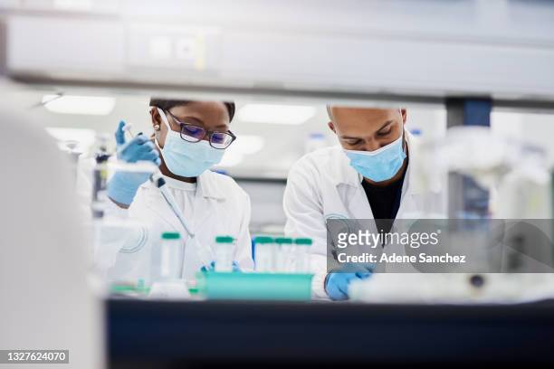 scatto di due giovani scienziati che conducono ricerche mediche in laboratorio - research foto e immagini stock