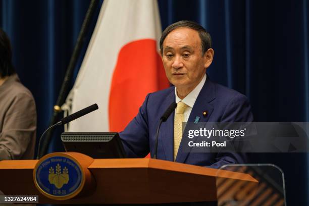 Japan's Prime Minister Yoshihide Suga speaks during a press conference at the prime minister's official residence on July 08, 2021 in Tokyo, Japan....