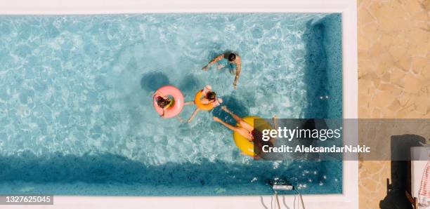 family moments at the swimming pool - family pool stock pictures, royalty-free photos & images
