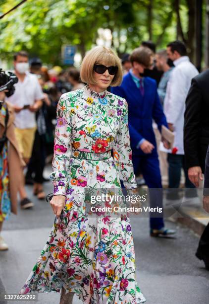 Anna Wintour is seen wearing dress with floral print outside Balenciaga on July 07, 2021 in Paris, France.