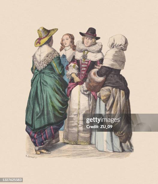 17th century, english costumes, hand-colored wood engraving, published c.1880 - 17th century stock illustrations