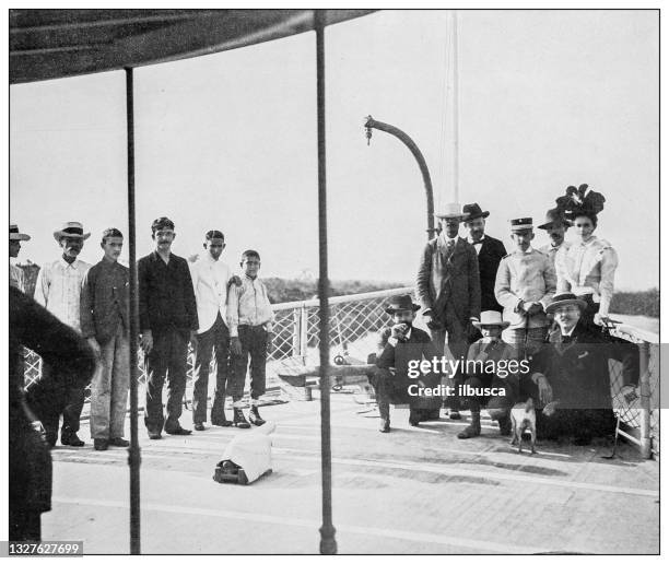 antique black and white photograph: streamer "protector" plying between batabano and isla de la juventud - cuban culture stock illustrations