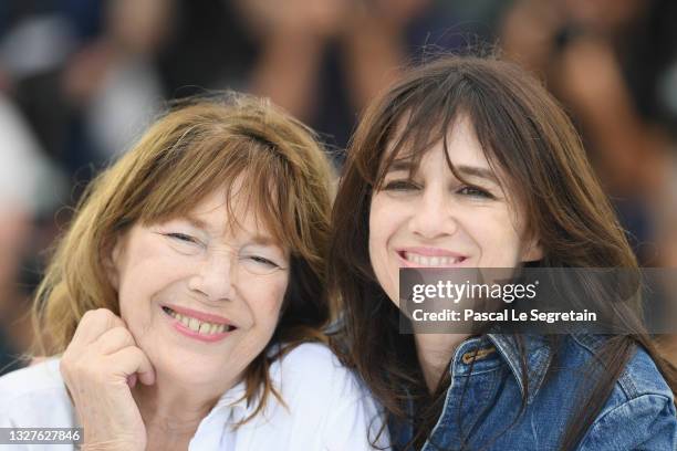 Jane Birkin and director Charlotte Gainsbourg attend the "Jane Par Charlotte " photocall during the 74th annual Cannes Film Festival on July 08, 2021...