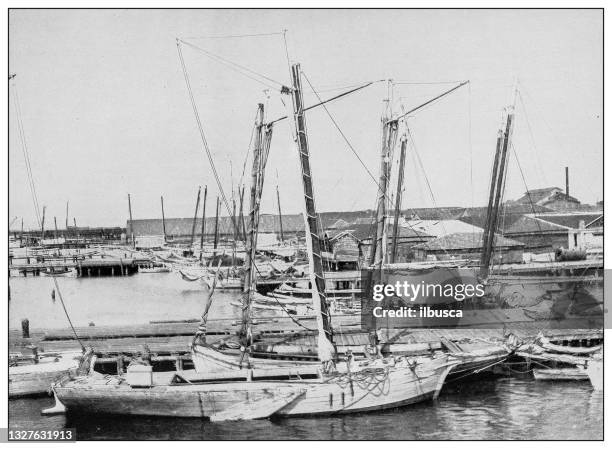 antique black and white photograph: sponge fishing fleet, batabano, cuba - trawler stock illustrations