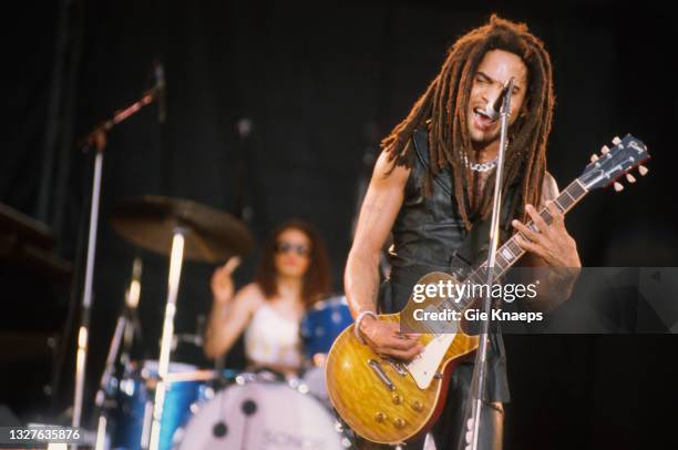 Lenny Kravitz playing a Gibson Les Paul guitar, drummer Cindy Blackman, Torhout/Werchter Festival, Werchter, Belgium, 4 July 1993.