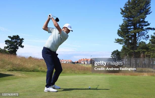 Scottie Scheffler of the United States tees off on the 2nd hole during Day One of the abrdn Scottish Open at The Renaissance Club on July 08, 2021 in...