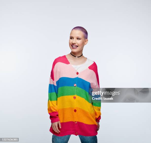 cheerful young woman with short purple hair - purple hair stockfoto's en -beelden