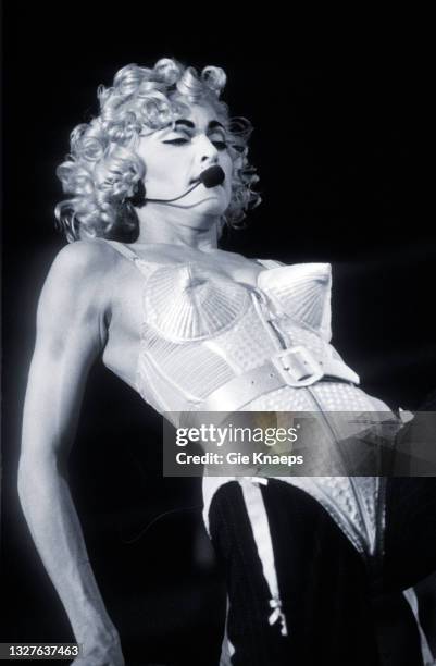 Madonna, Blonde Ambition Tour, She is wearing a Jean Paul Gaultier conical bra corset, Feyenoord Stadion, De Kuip, Rotterdam, Netherlands, 24 July...