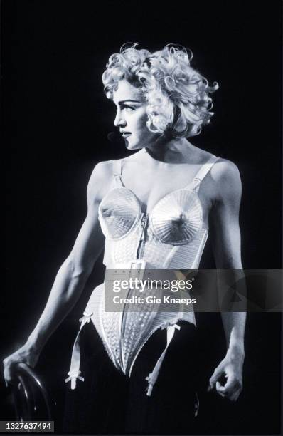 Madonna, Blonde Ambition Tour, She is wearing a Jean Paul Gaultier conical bra corset, Feyenoord Stadion, De Kuip, Rotterdam, Netherlands, 24 July...