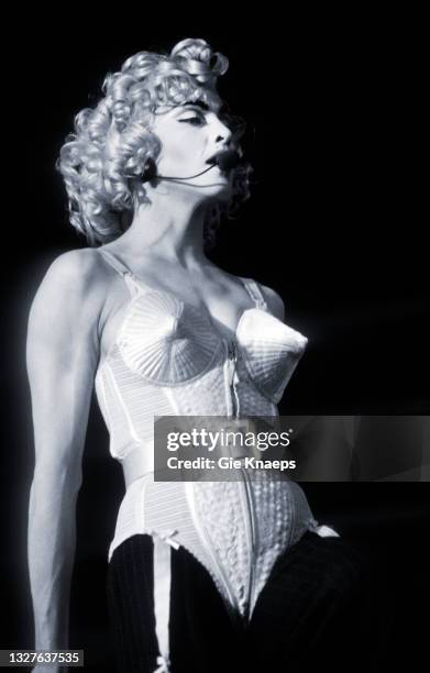 Madonna, Blonde Ambition Tour, She is wearing a Jean Paul Gaultier conical bra corset, Feyenoord Stadion, De Kuip, Rotterdam, Netherlands, 24 July...