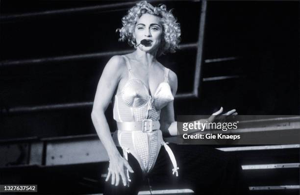 Madonna, Blonde Ambition Tour, She is wearing a Jean Paul Gaultier conical bra corset, Feyenoord Stadion, De Kuip, Rotterdam, Netherlands, 24 July...